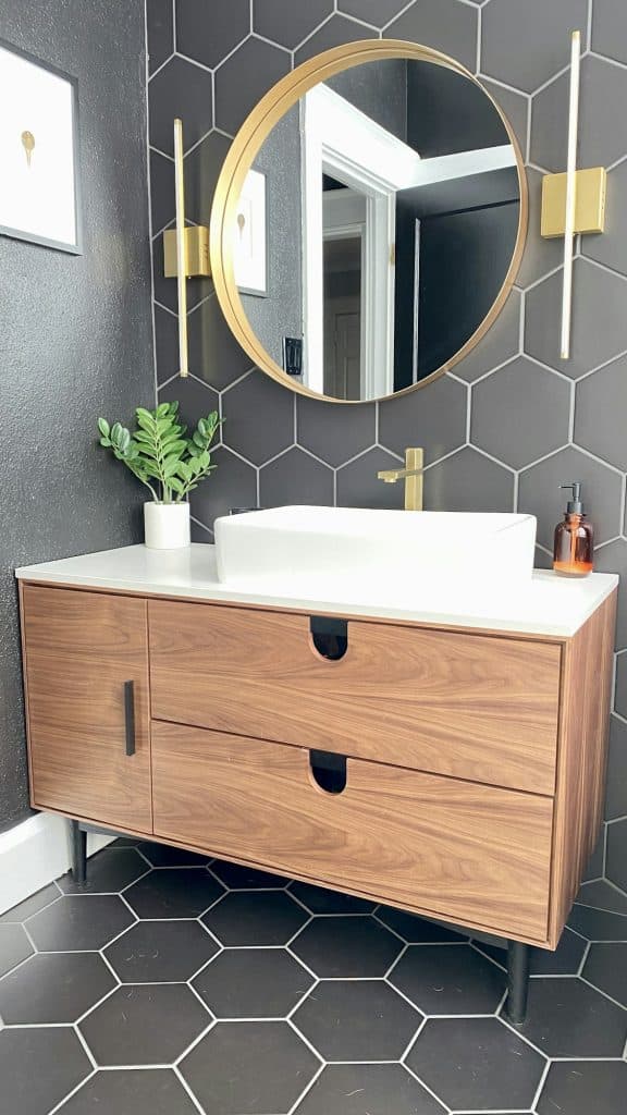 Modern bathroom renovation with hex tile